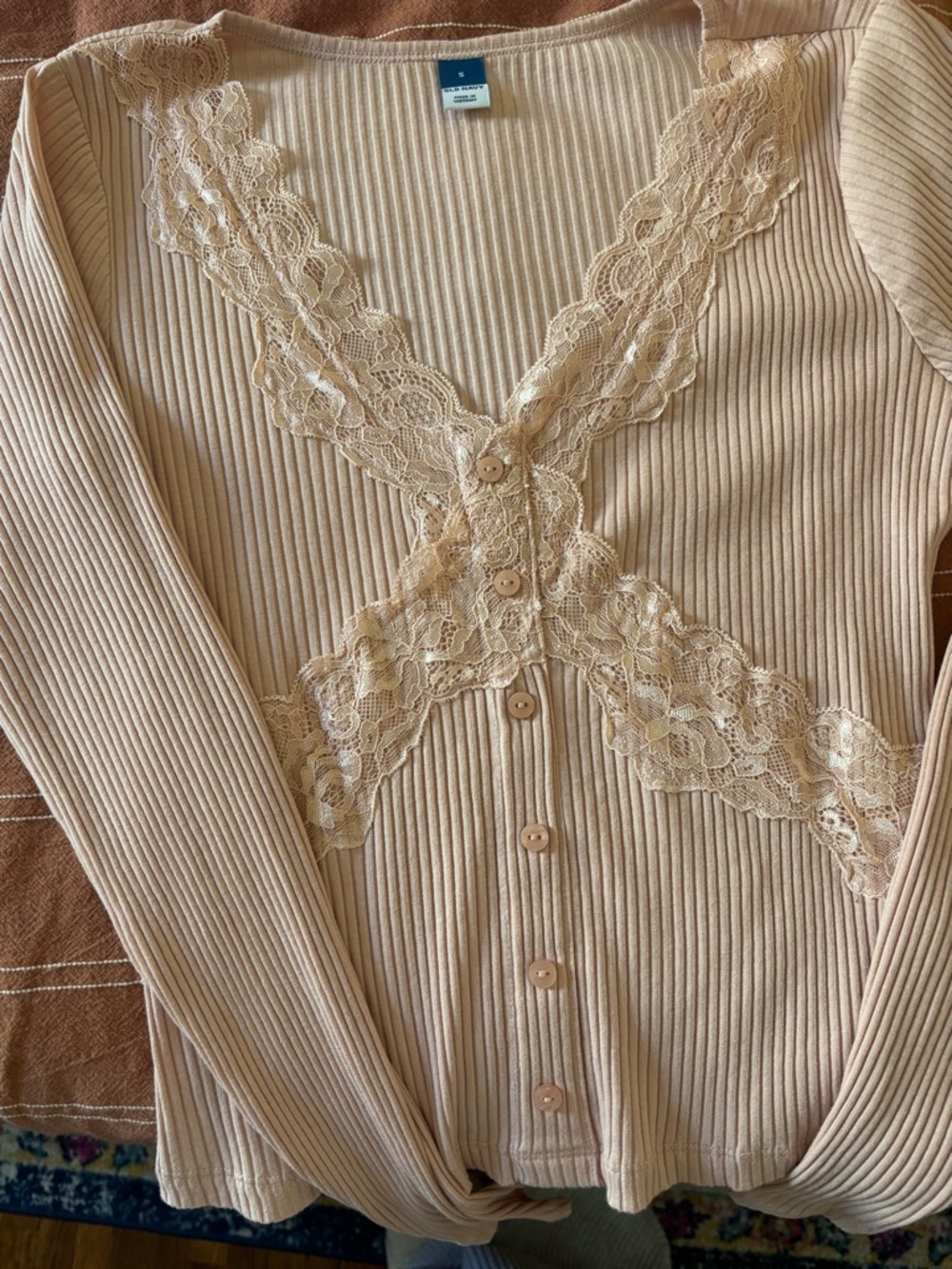 Ribbed Lace-Trim Button Front Top - pink